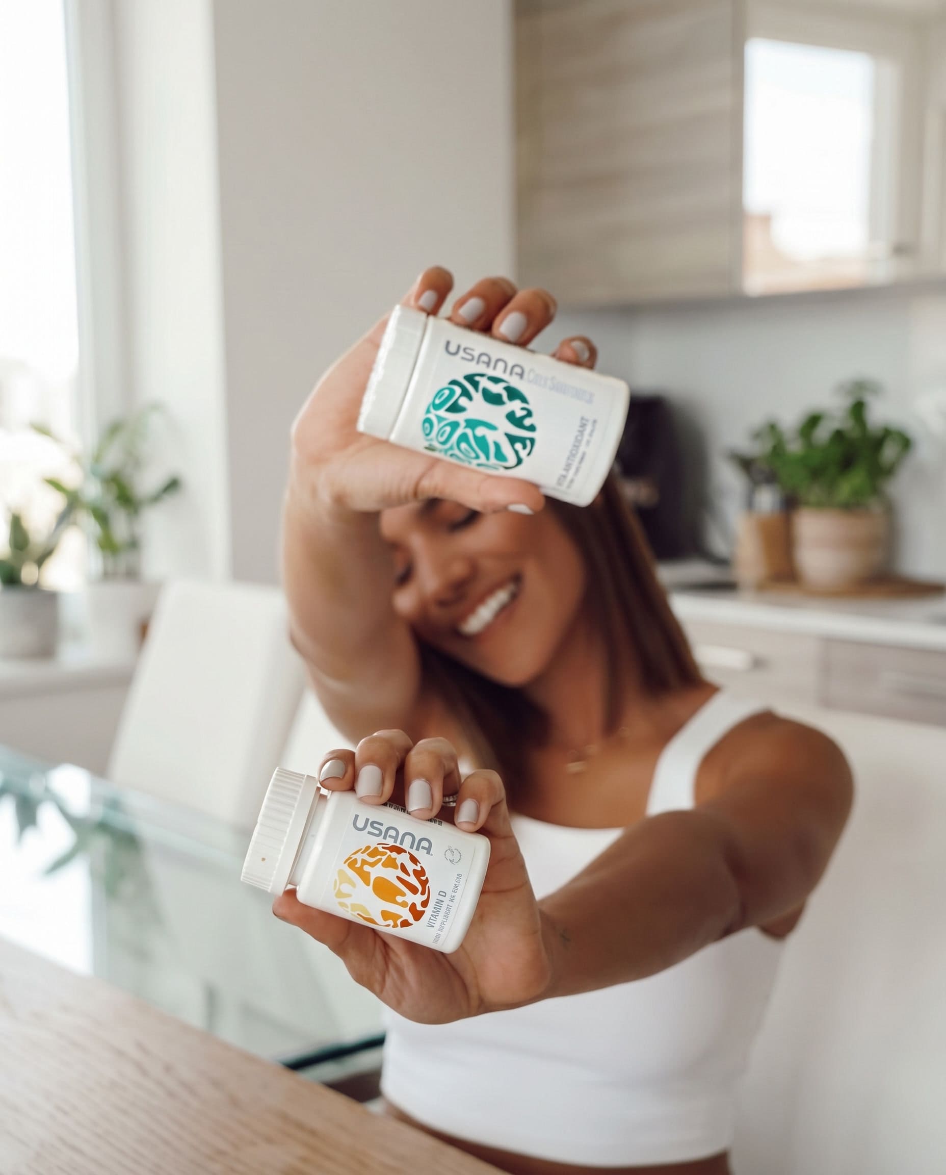 Woman presenting products product packaging